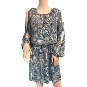 White House Black Market Turquoise and Gray Paisley Long Sleeve Dress Size 8
